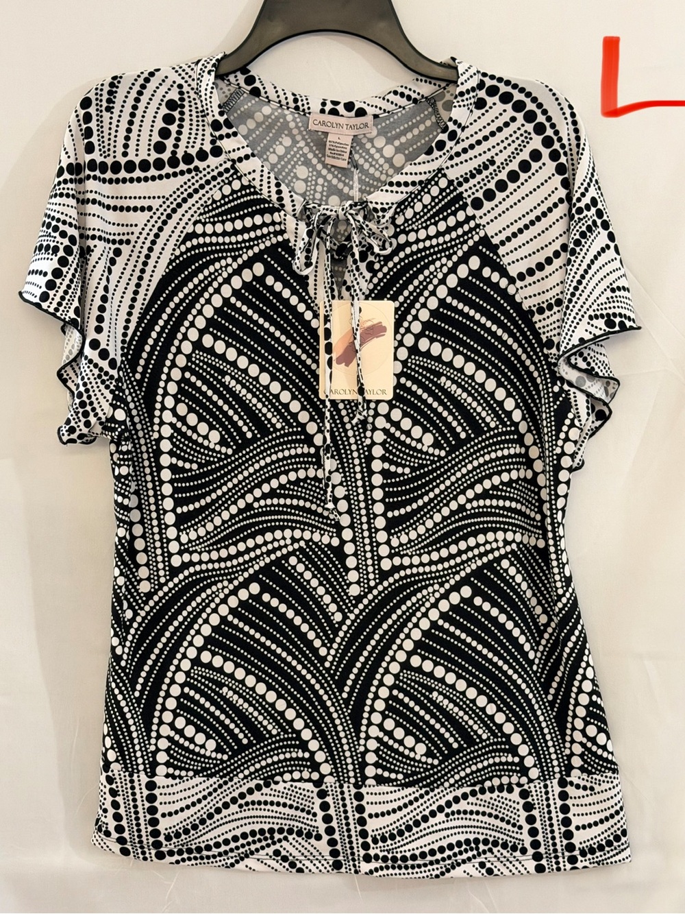 Carolyn Taylor Black & White Dot-Print Tie-Neck Short Sleeve Top